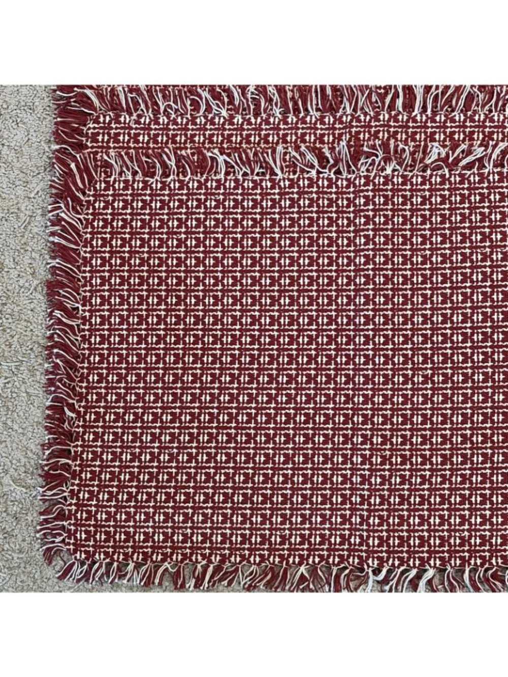 6 Woven Cotton Placemats Cottage Farmhouse Country Fringed Red & White 21 X 15